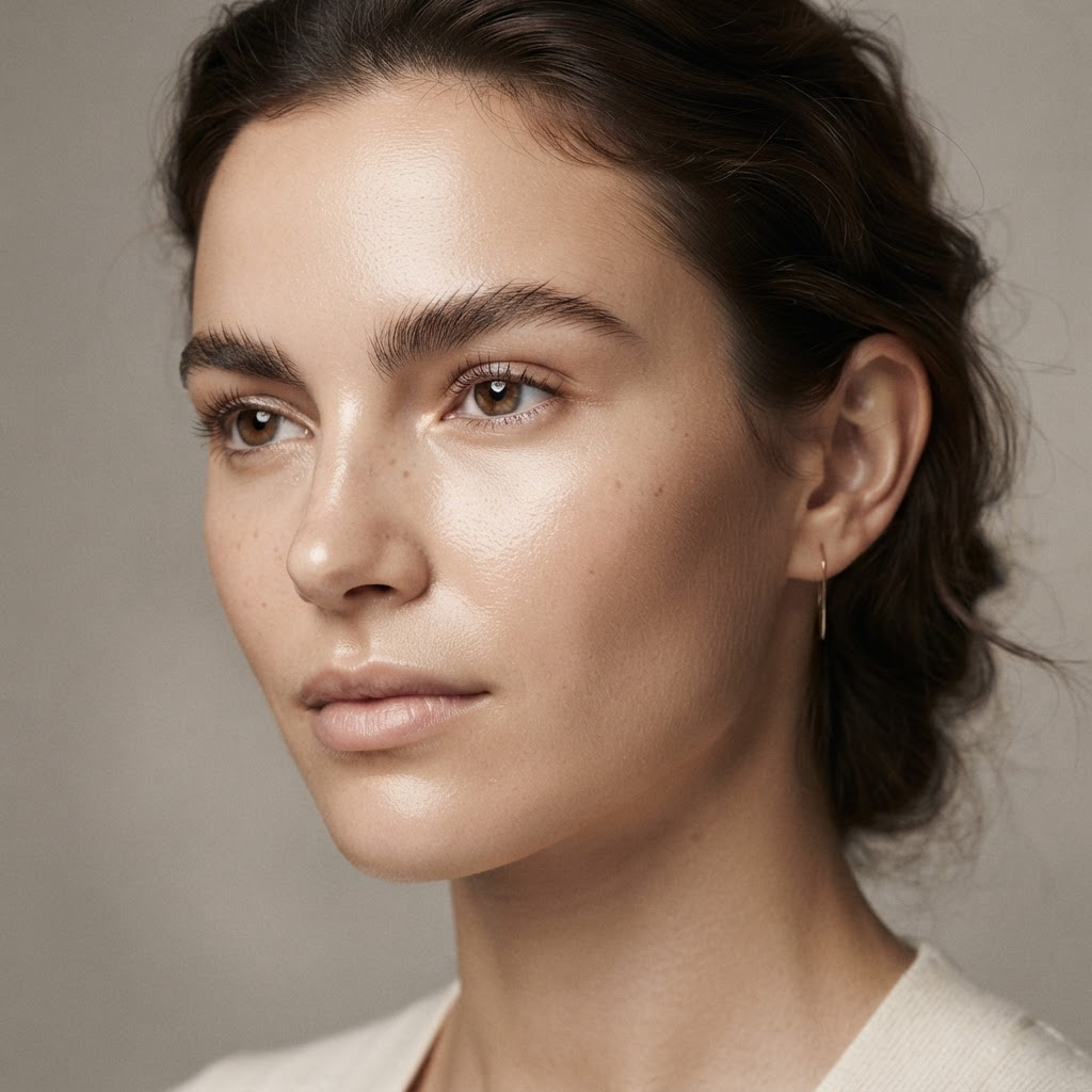 Close-up of naturally defined brows and glowing skin after treatment at SKINHUB+