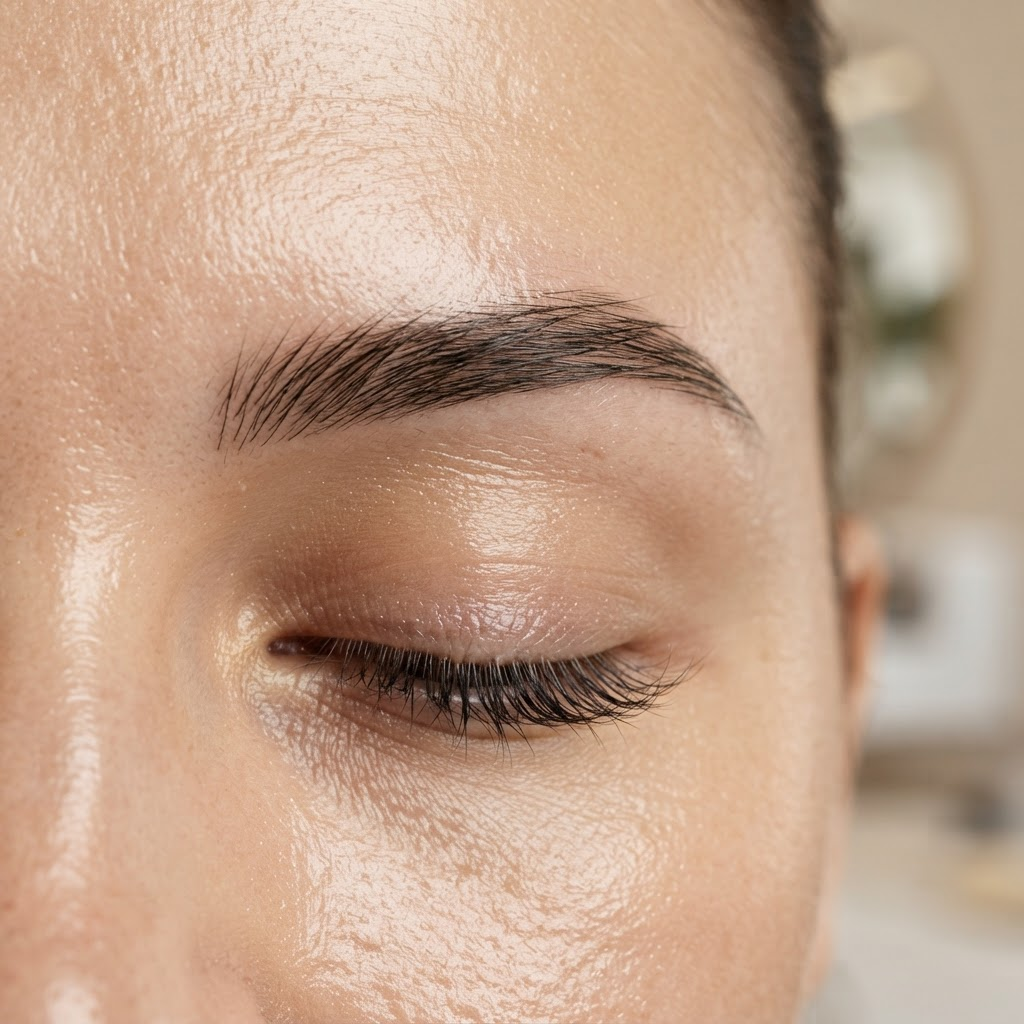 Macro photograph of a precisely shaped eyebrow with fine hair strokes