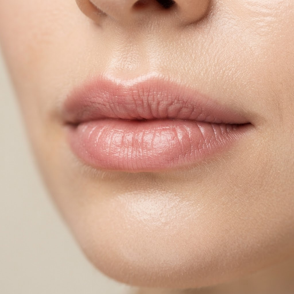 Macro photograph of lips with a soft natural blush tint