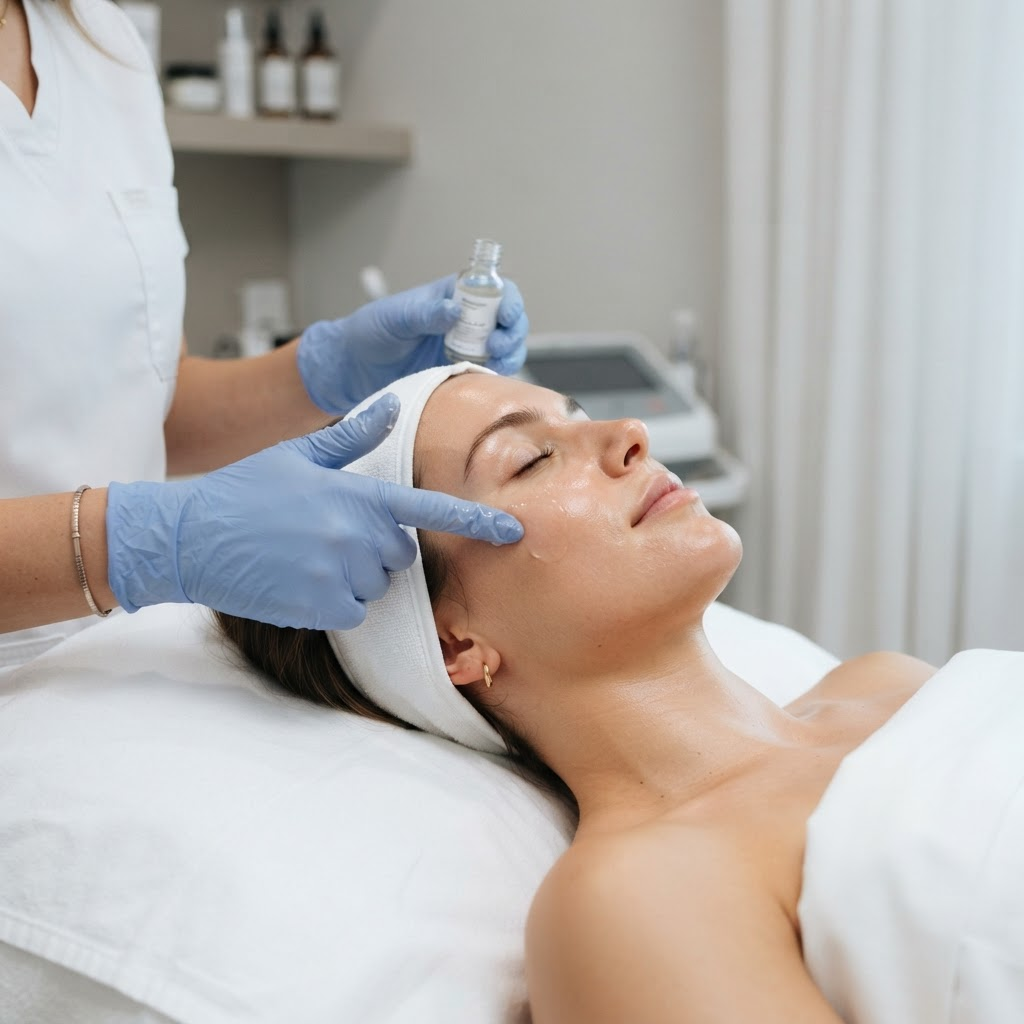Practitioner applying a clear serum during a professional facial treatment