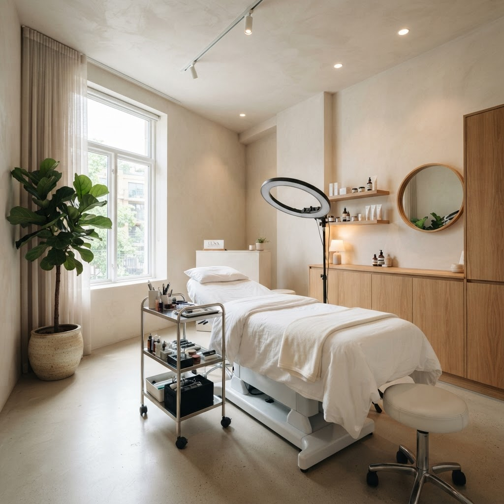 Interior of the SKINHUB+ treatment room with a single bed, ring light, and instrument tray